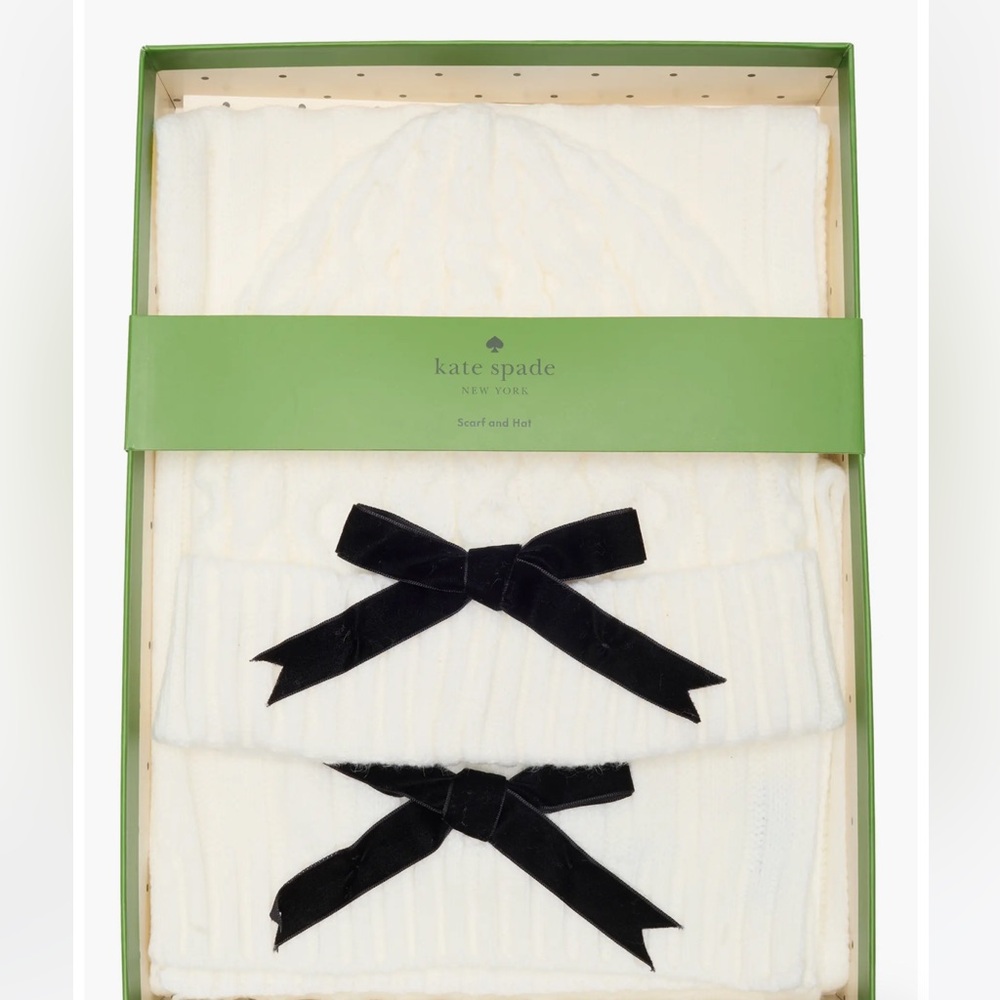 Kate Spade Cream Hat and Scarf Set with Black Bows